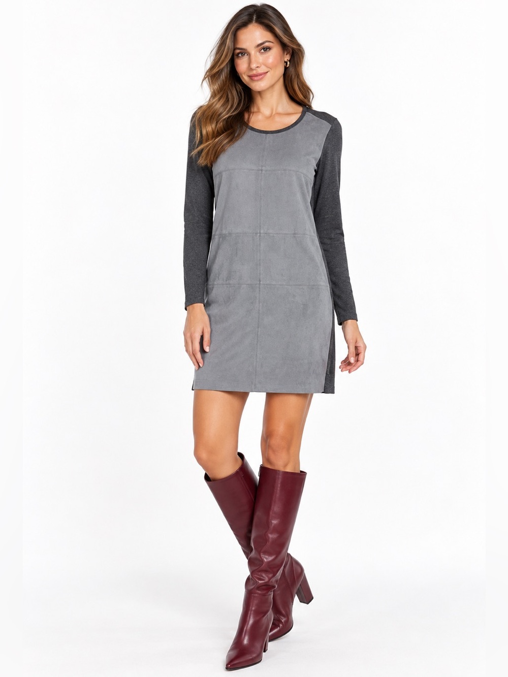 Vince Camuto Gray Colorblock Suede-Look Long Sleeve Shift Dress S